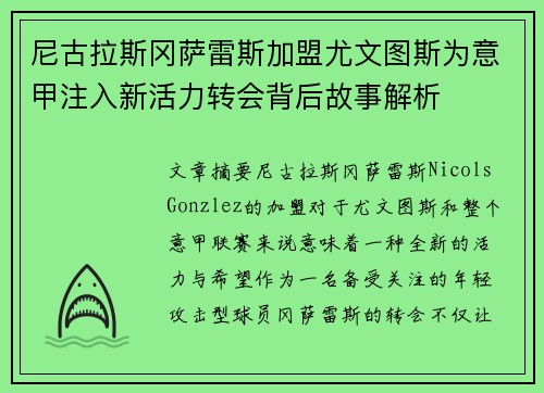 尼古拉斯冈萨雷斯加盟尤文图斯为意甲注入新活力转会背后故事解析