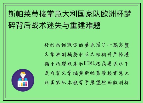 斯帕莱蒂接掌意大利国家队欧洲杯梦碎背后战术迷失与重建难题