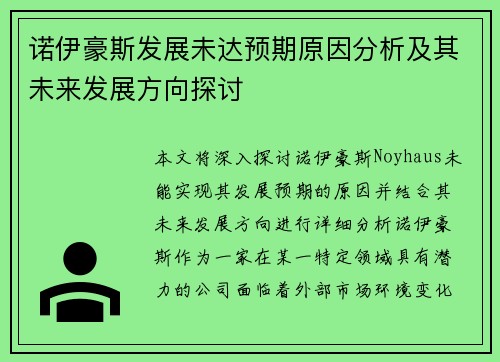 诺伊豪斯发展未达预期原因分析及其未来发展方向探讨