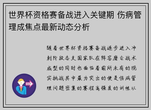 世界杯资格赛备战进入关键期 伤病管理成焦点最新动态分析